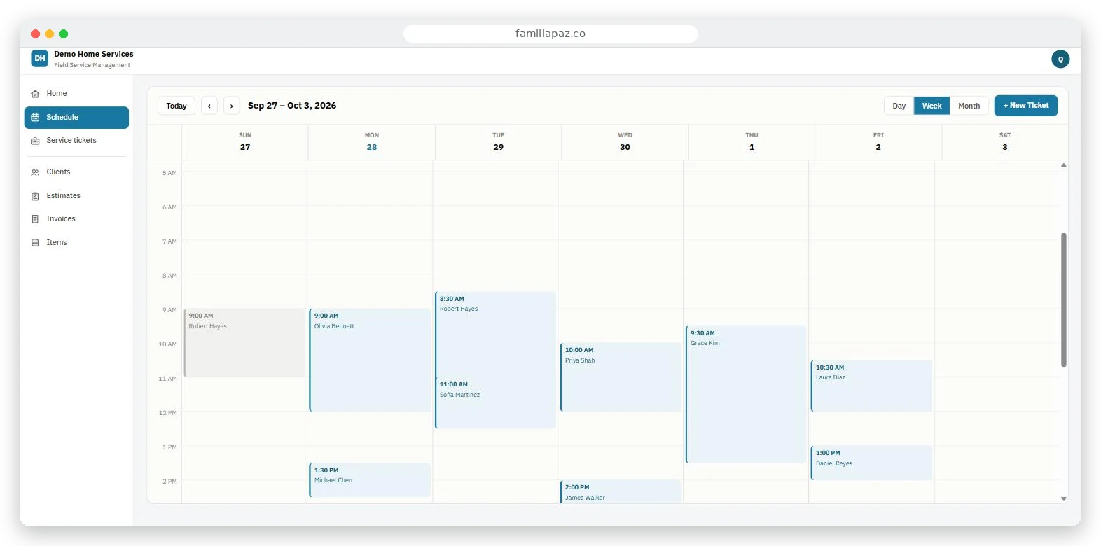Weekly schedule with jobs assigned to technicians